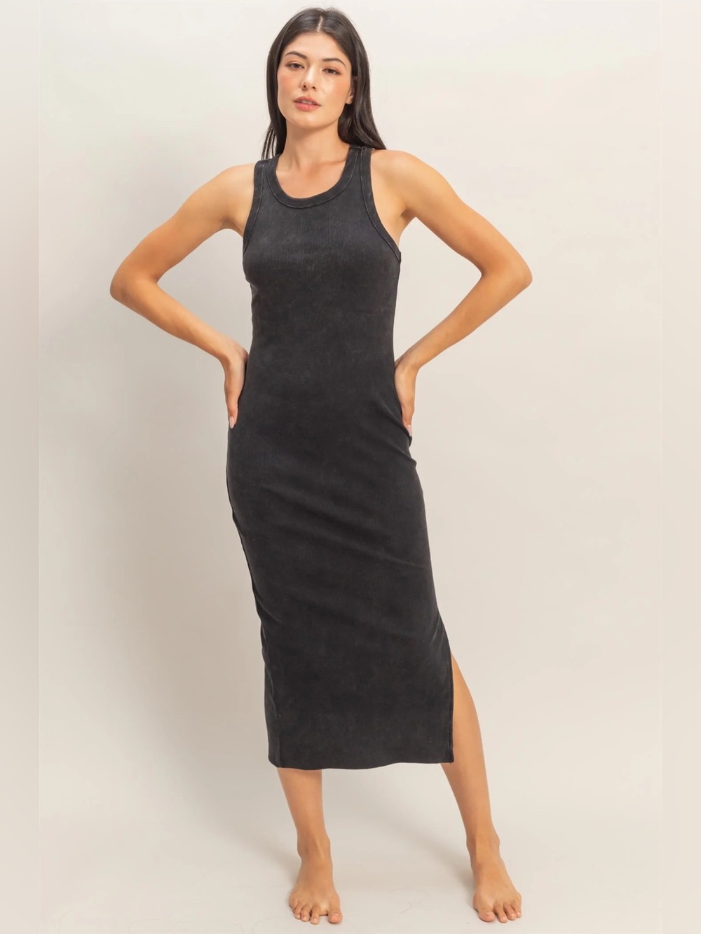 NEW Double Zero Black Midi Tank Dress Acid Wash Ribbed Side Slit Size Medium - Picture 3 of 7